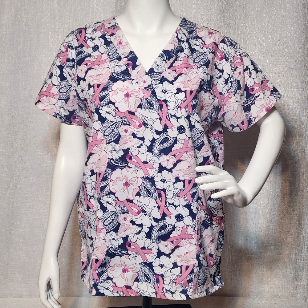 365 Workwear Scrubs Top Pink Ribbons Paisley Floral Lightweight Scrub Large